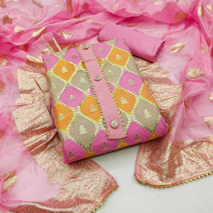 Graceful Glow Pink Jacquard Organza Dress Material With Zari Weaving Work