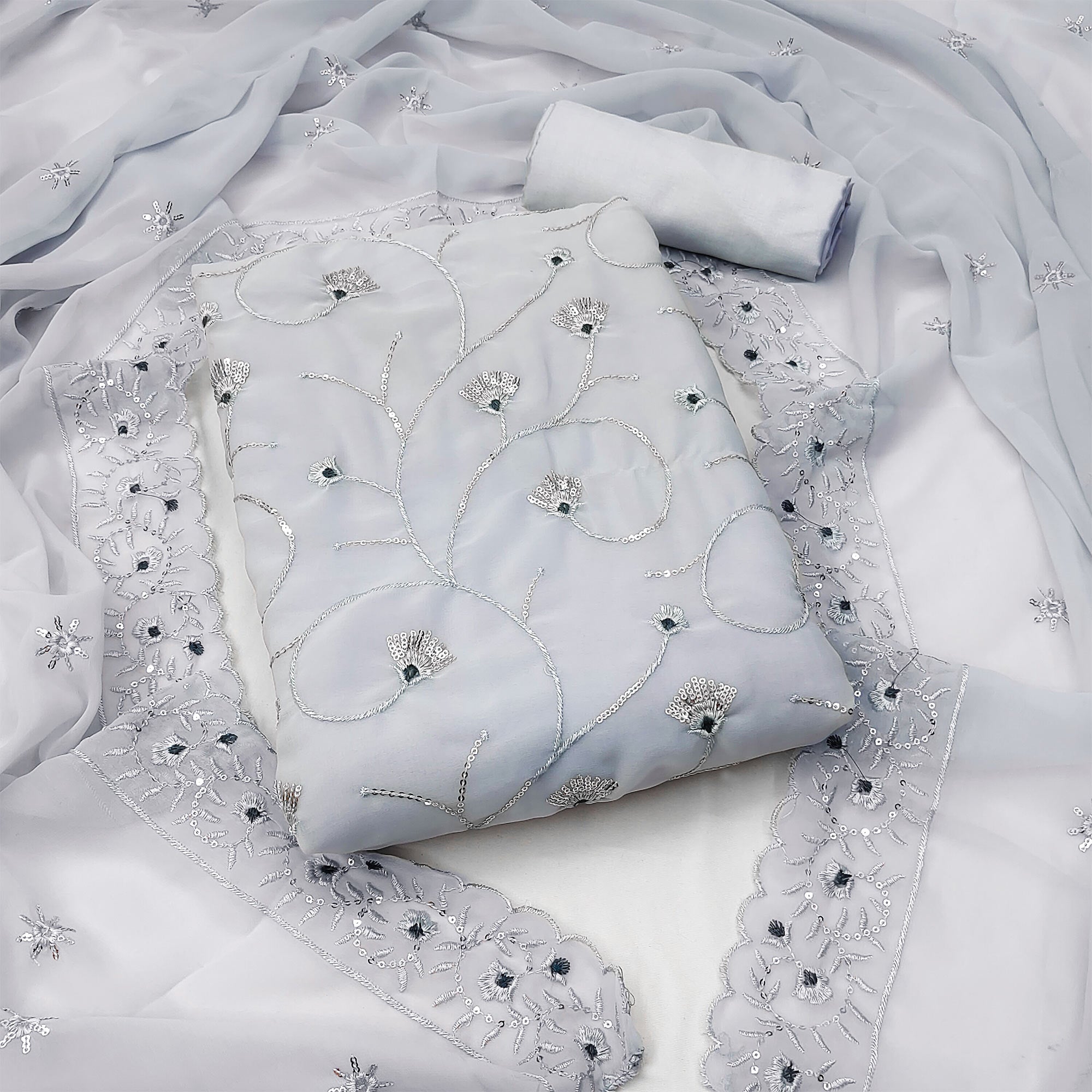 Grey Floral Sequins Embroidered Georgette Dress Material