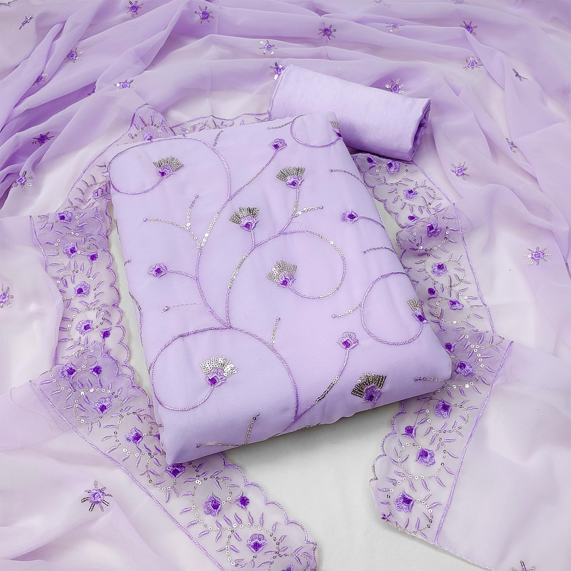 Lavender  Floral Sequins Embroidered Georgette Dress Material