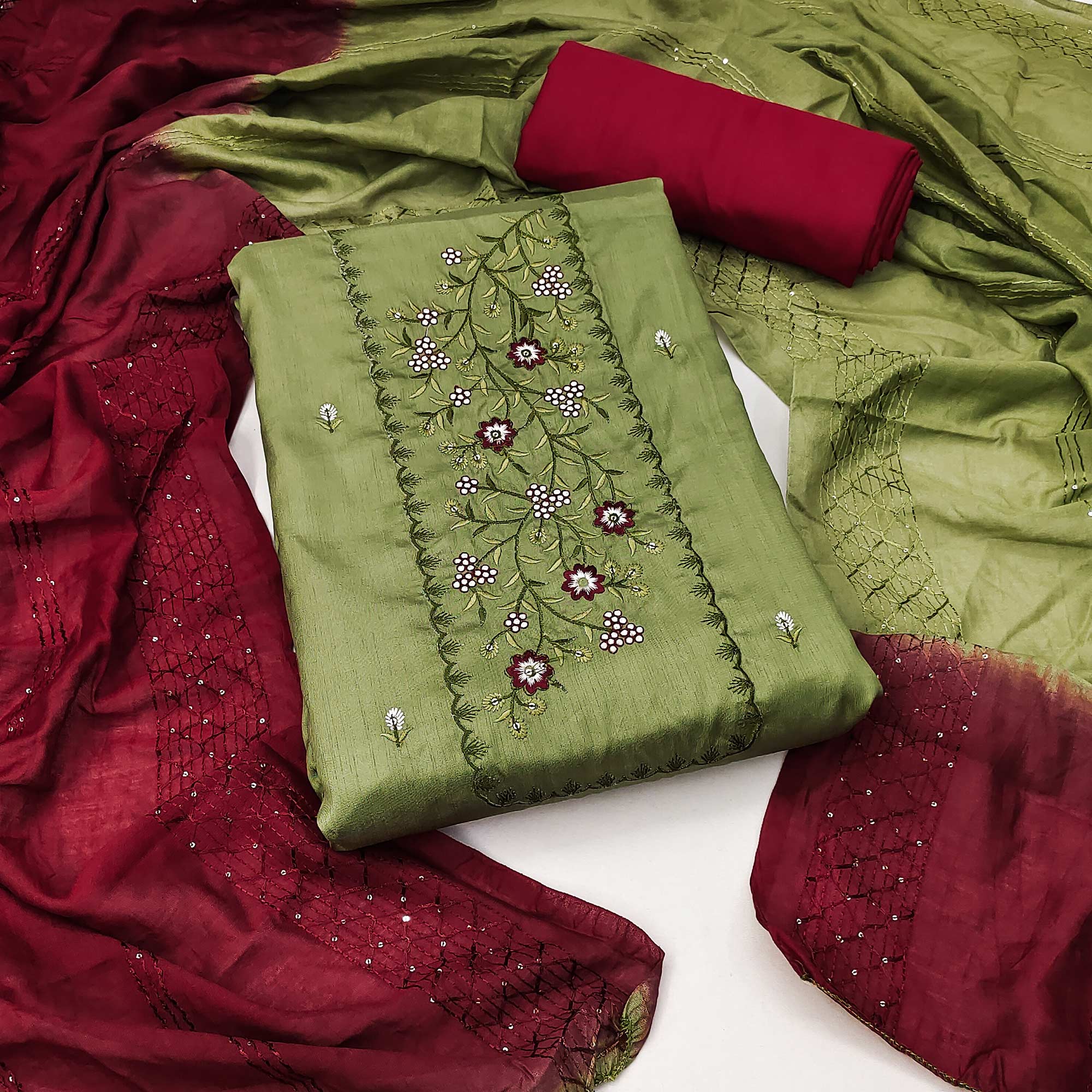 Sparkling Blooms Green Cotton Blend Dress Material With Sequin Embellishments