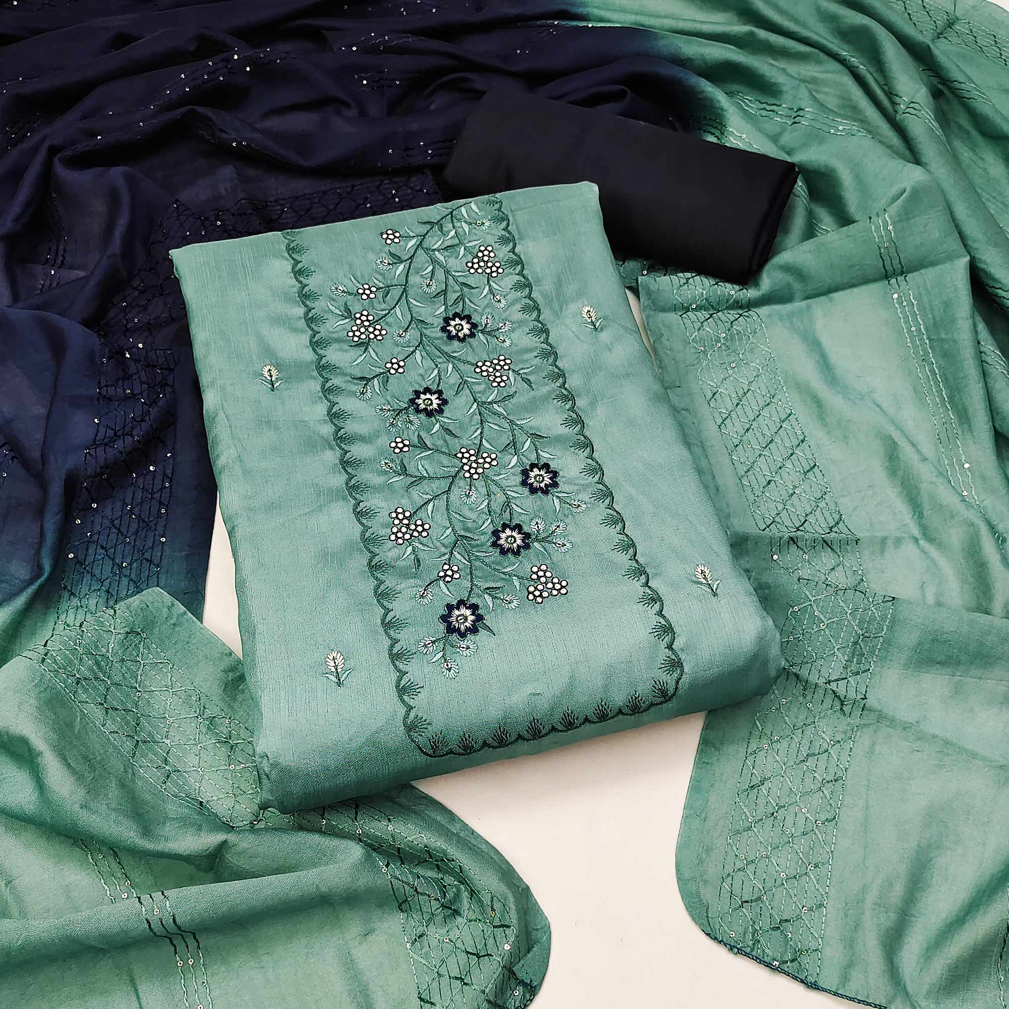 Soft Glow Pale Turquoise Dress Material With Threaded Florals & Sequin Accents