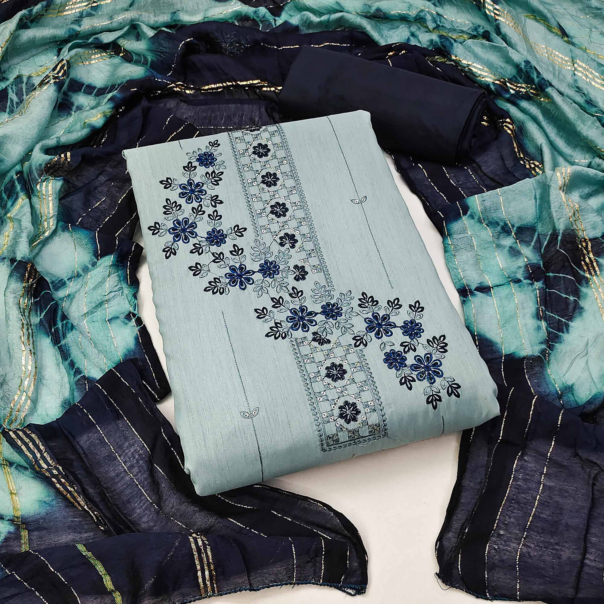 Bluish Grey Cotton Blend Dress Material With Delicate Floral Thread & Sequin Embellishments