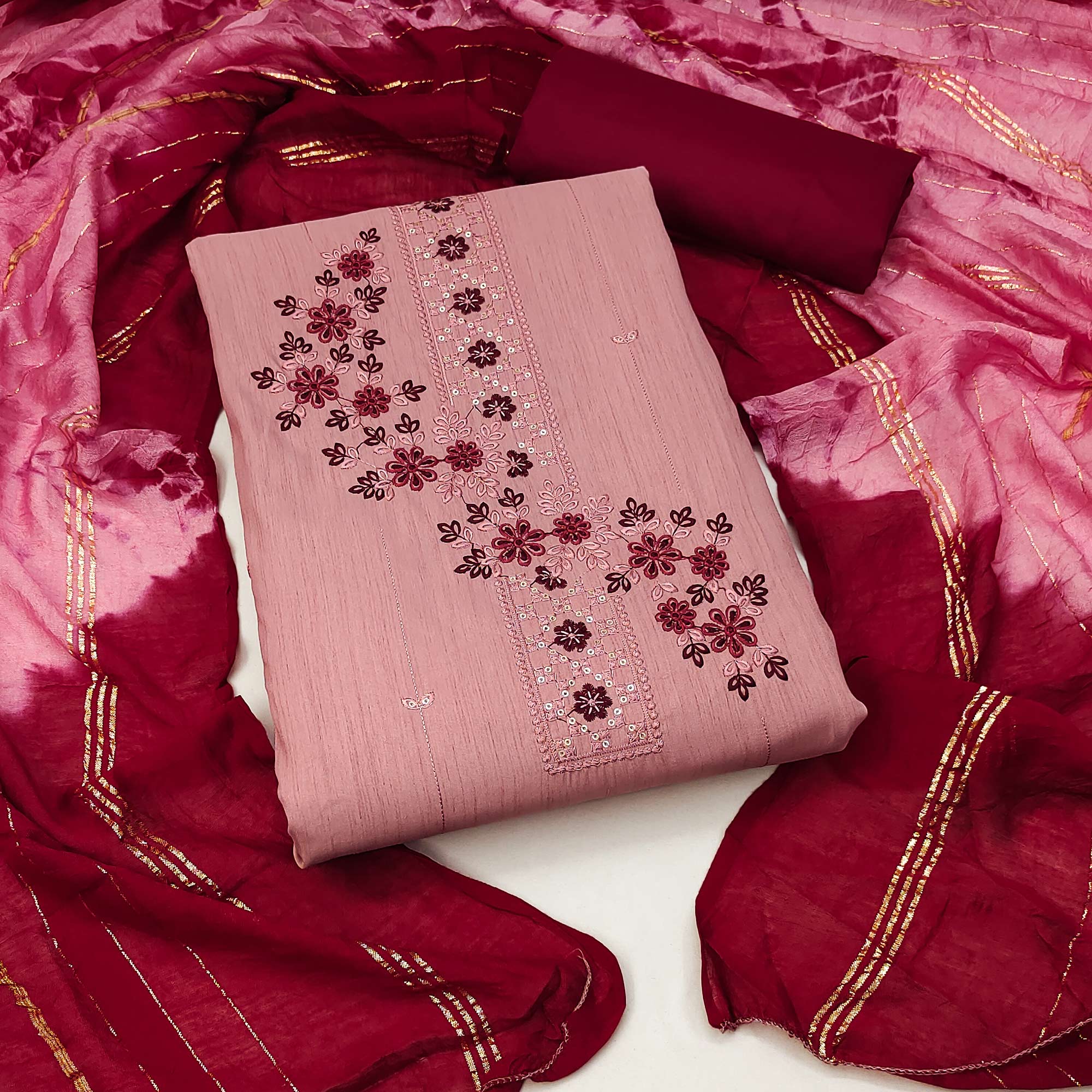 Blush Pink Cotton Blend Dress Material With Delicate Floral Thread & Sequin Embellishments