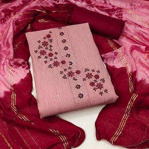 Blush Pink Cotton Blend Dress Material With Delicate Floral Thread & Sequin Embellishments