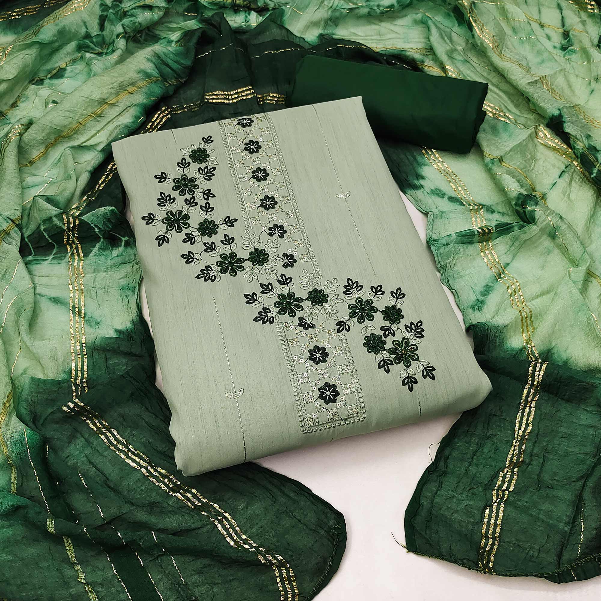 Green Cotton Blend Dress Material With Delicate Floral Thread & Sequin Embellishments
