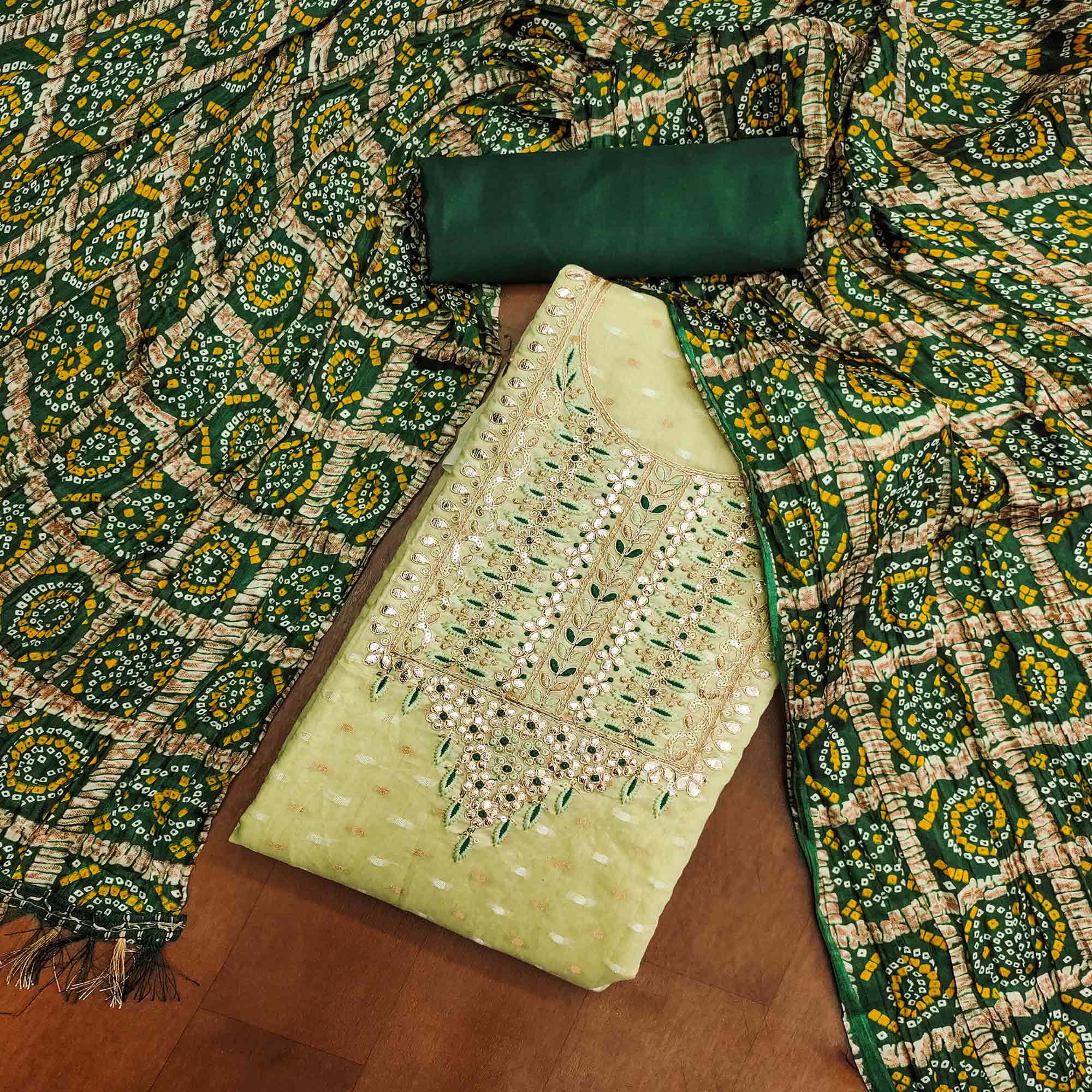 Green Woven With Gota Work Jacquard Dress Material