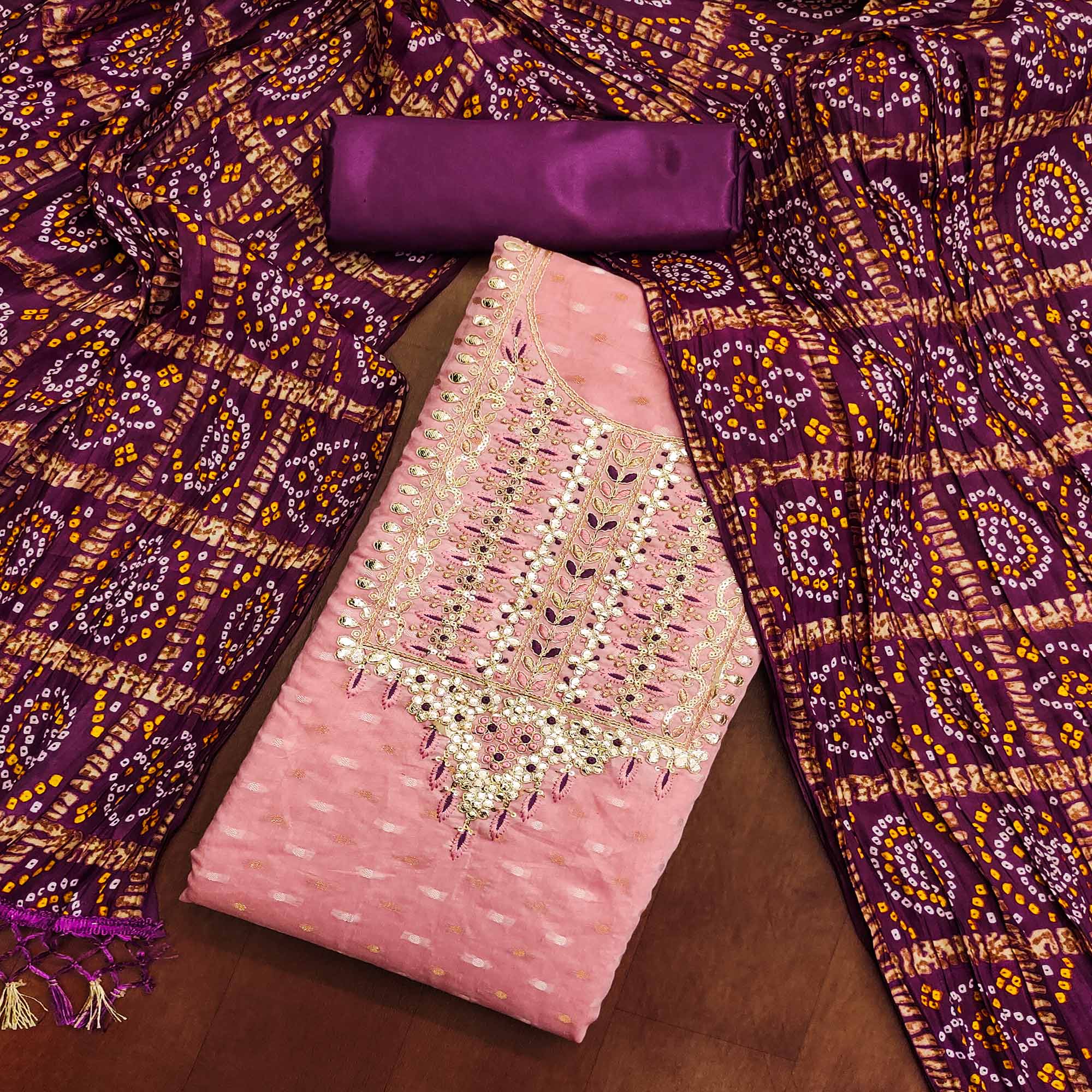 Pink Woven With Gota Work Jacquard Dress Material