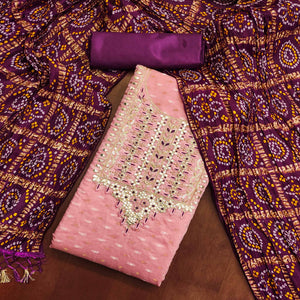 Pink Woven With Gota Work Jacquard Dress Material