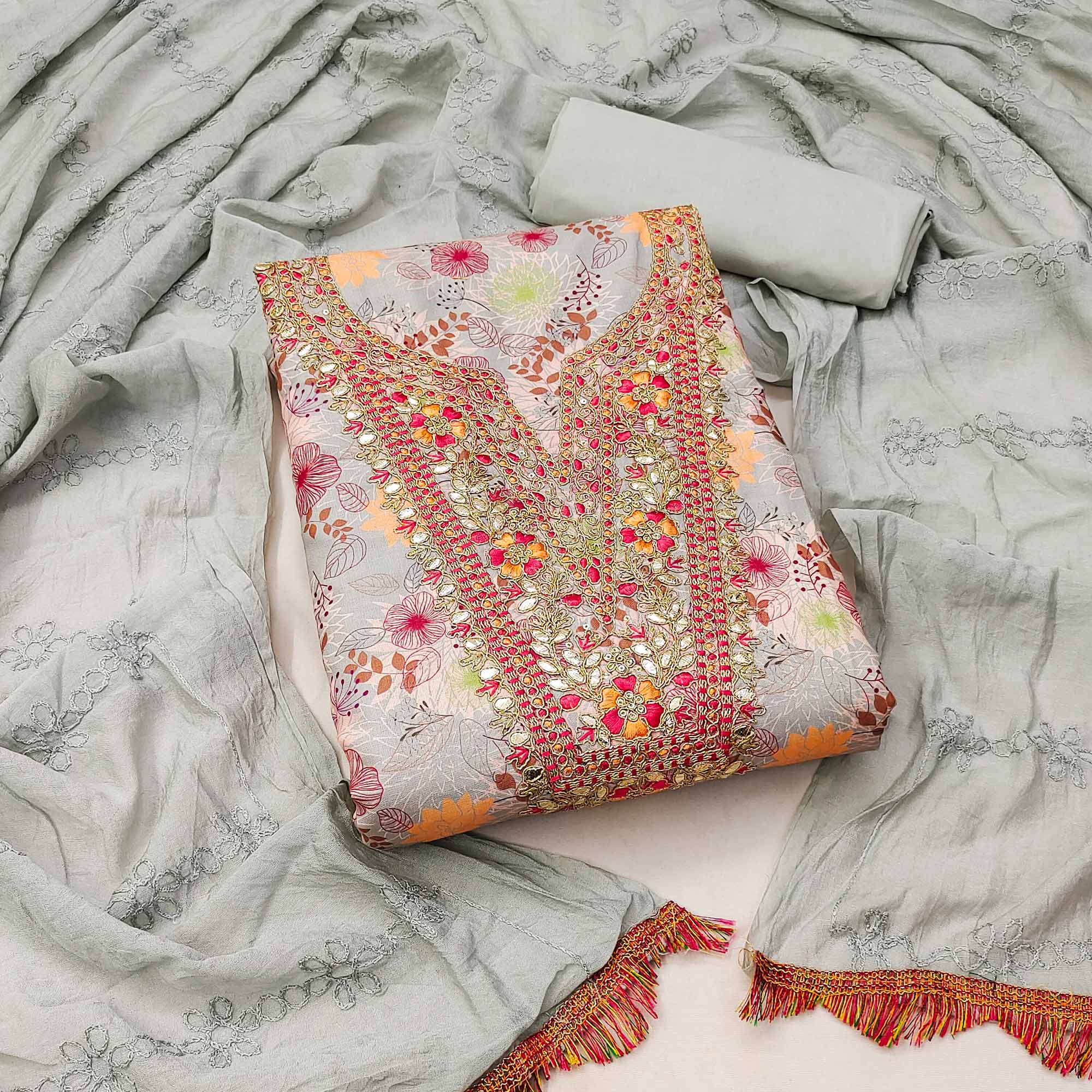 Grey Dress Material With Floral Digital Print & Subtle Sequins Embroidery Work