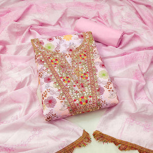 Pink Dress Material With Floral Digital Print & Subtle Sequins Embroidery Work