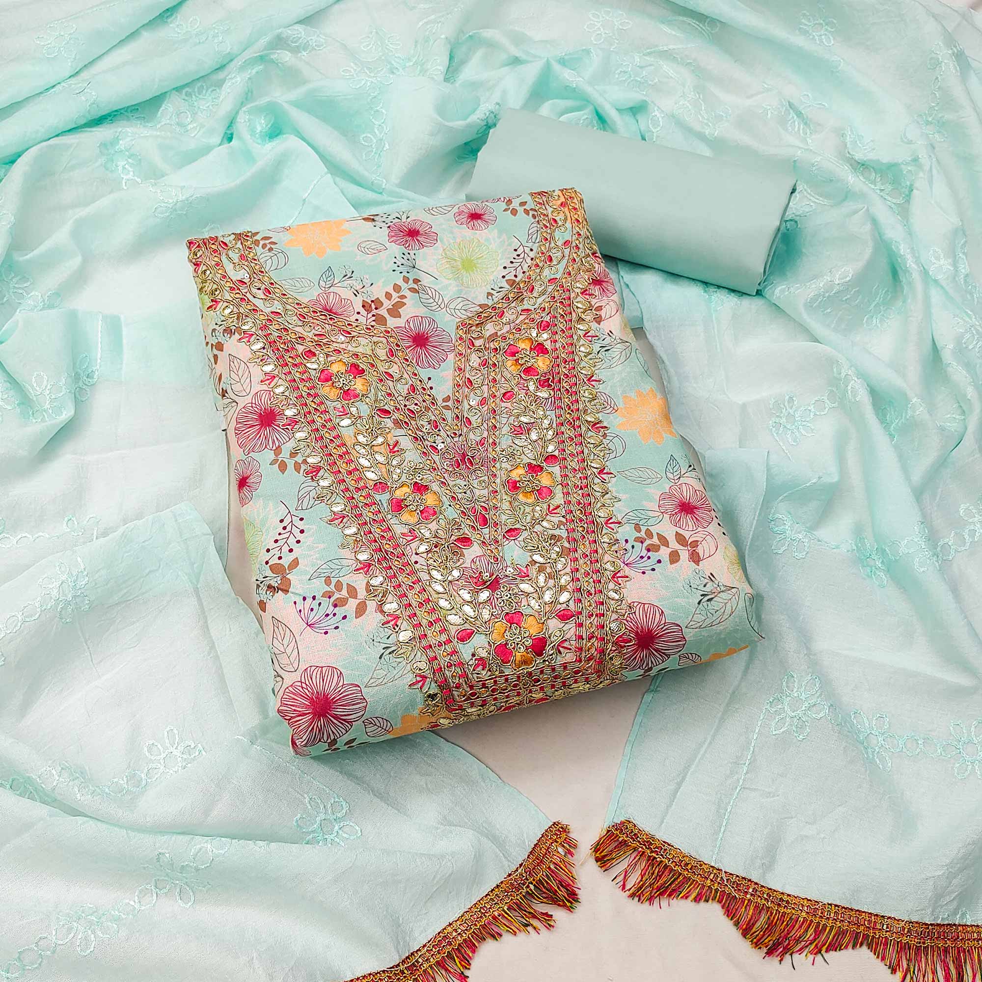 Turquoise Dress Material With Floral Digital Print & Subtle Sequins Embroidery Work