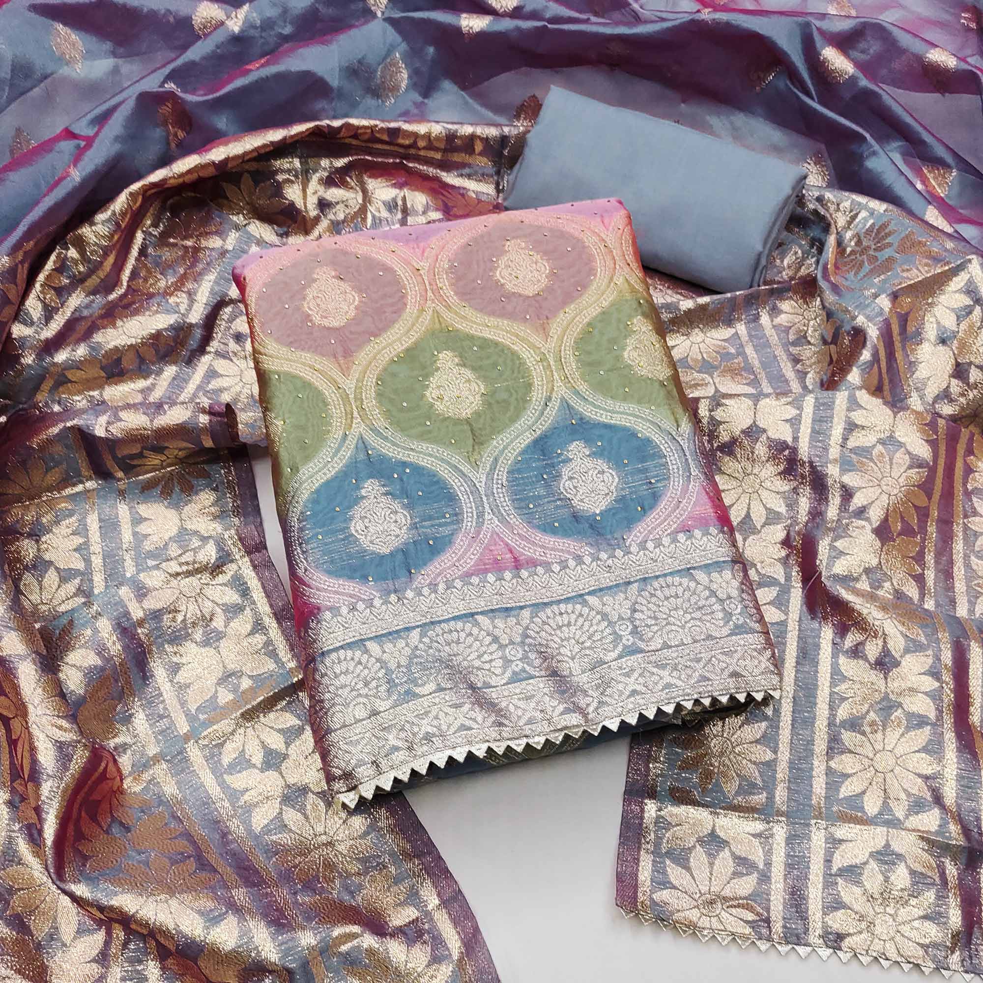 Bluyish Grey Organza Banarasi Silk Dress Material With Zari & Sparkling Stone Embellishments