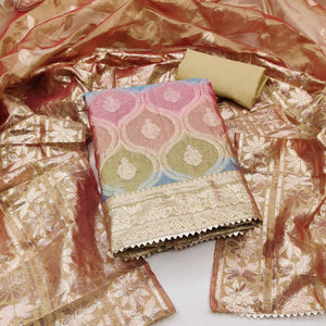 Chikoo Organza Banarasi Silk Dress Material With Zari & Sparkling Stone Embellishments