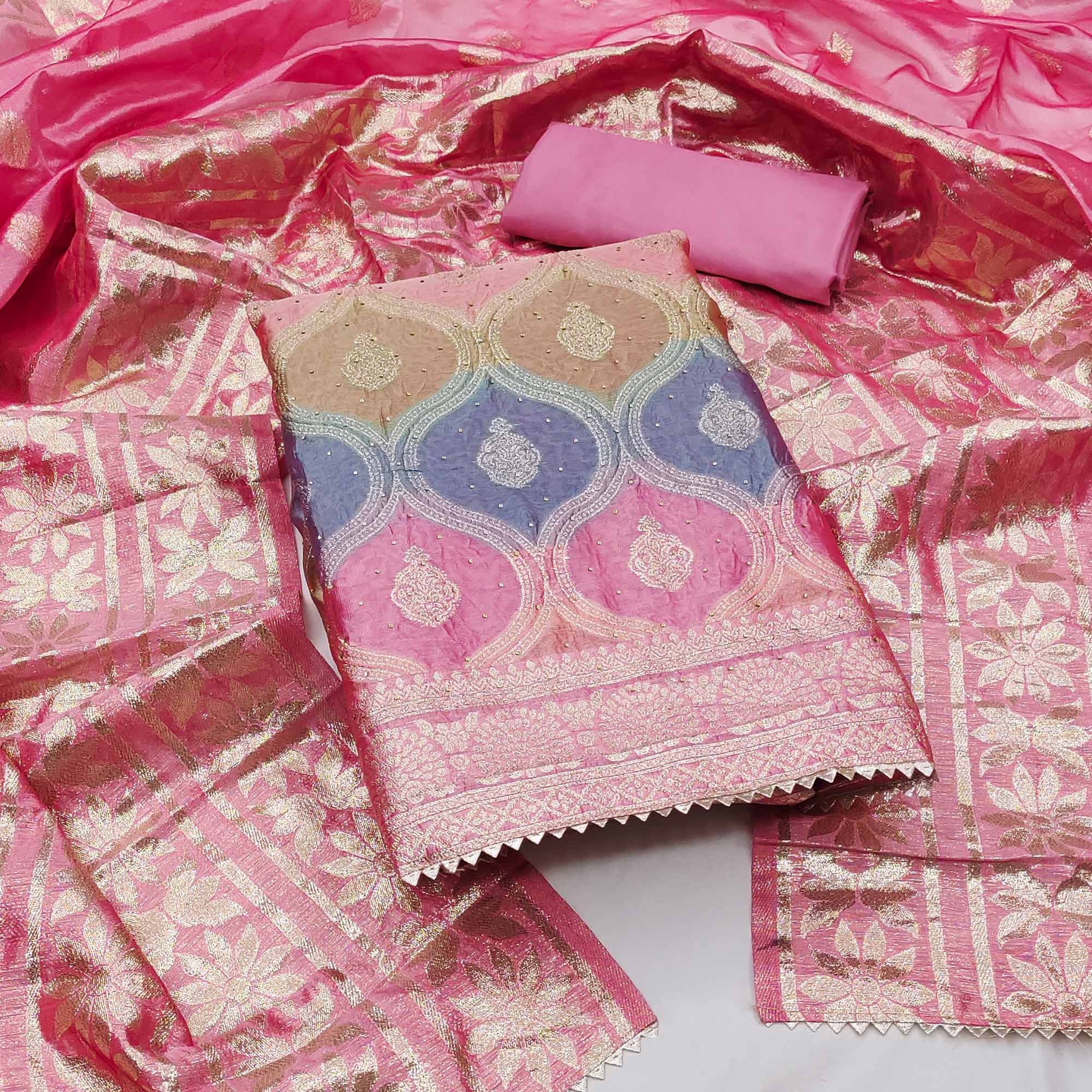 Pink Organza Banarasi Silk Dress Material With Zari & Sparkling Stone Embellishments