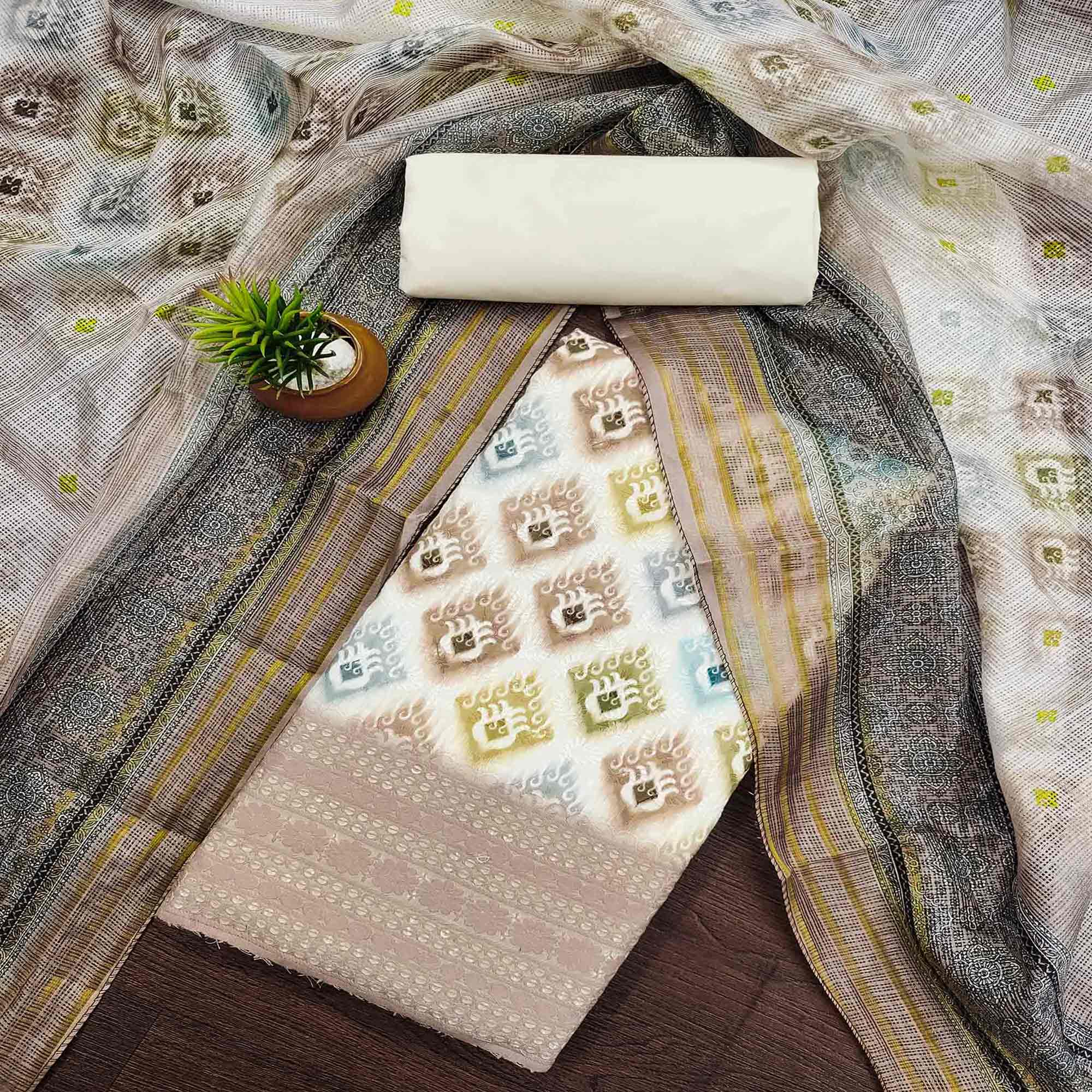 White & Matte Beige Dress Material In Cotton Blend With Delicate Digital Print & Sifli Embroidery Work