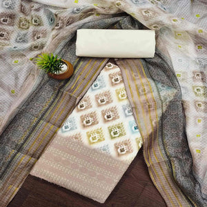 White & Matte Beige Dress Material In Cotton Blend With Delicate Digital Print & Sifli Embroidery Work