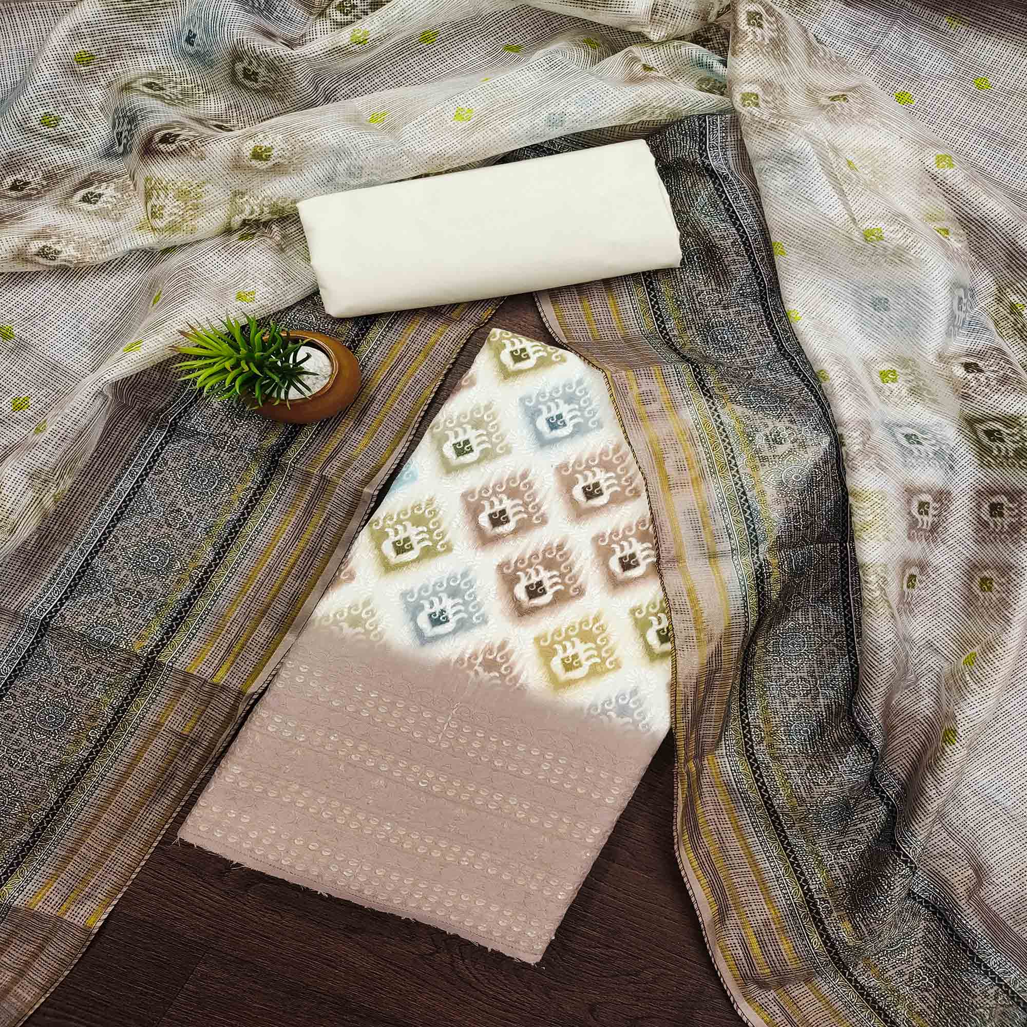 White & Brown Dress Material In Cotton Blend With Delicate Digital Print & Sifli Embroidery Work