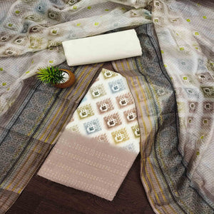 White & Brown Dress Material In Cotton Blend With Delicate Digital Print & Sifli Embroidery Work