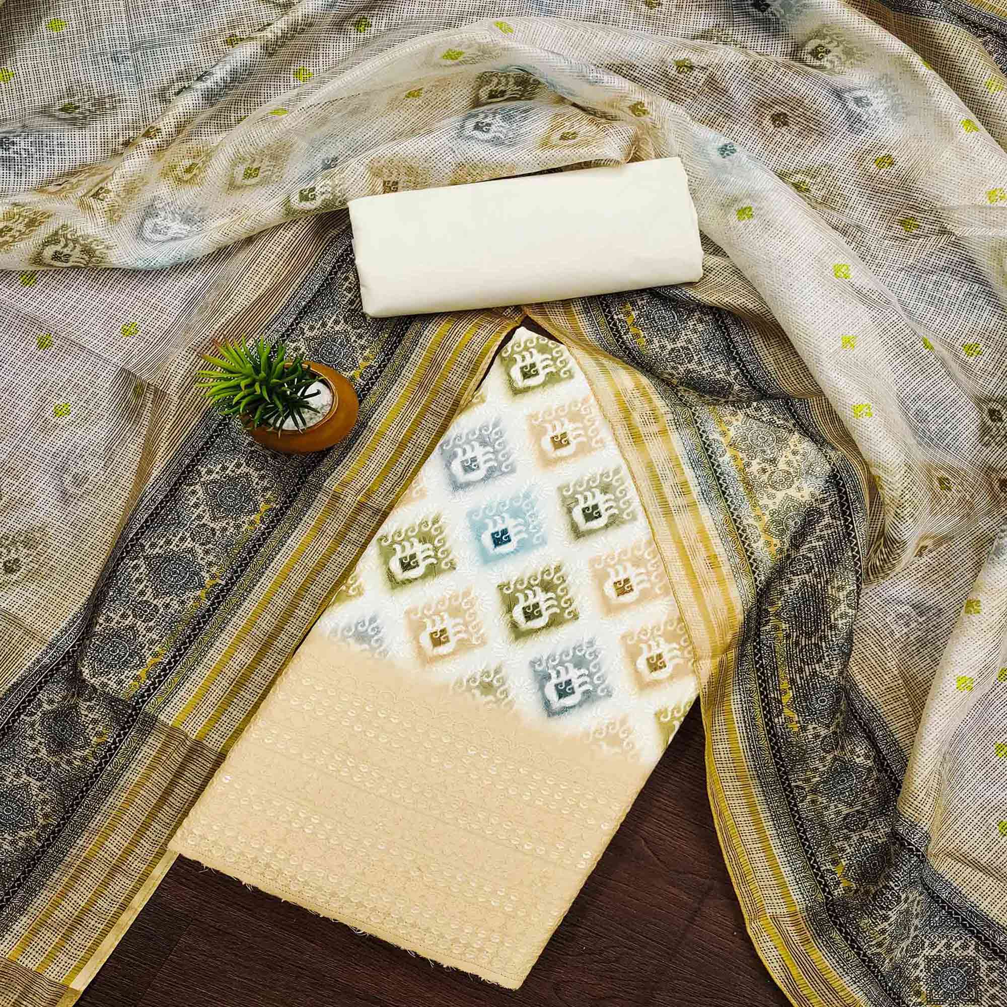 White & Cream Dress Material In Cotton Blend With Delicate Digital Print & Sifli Embroidery Work