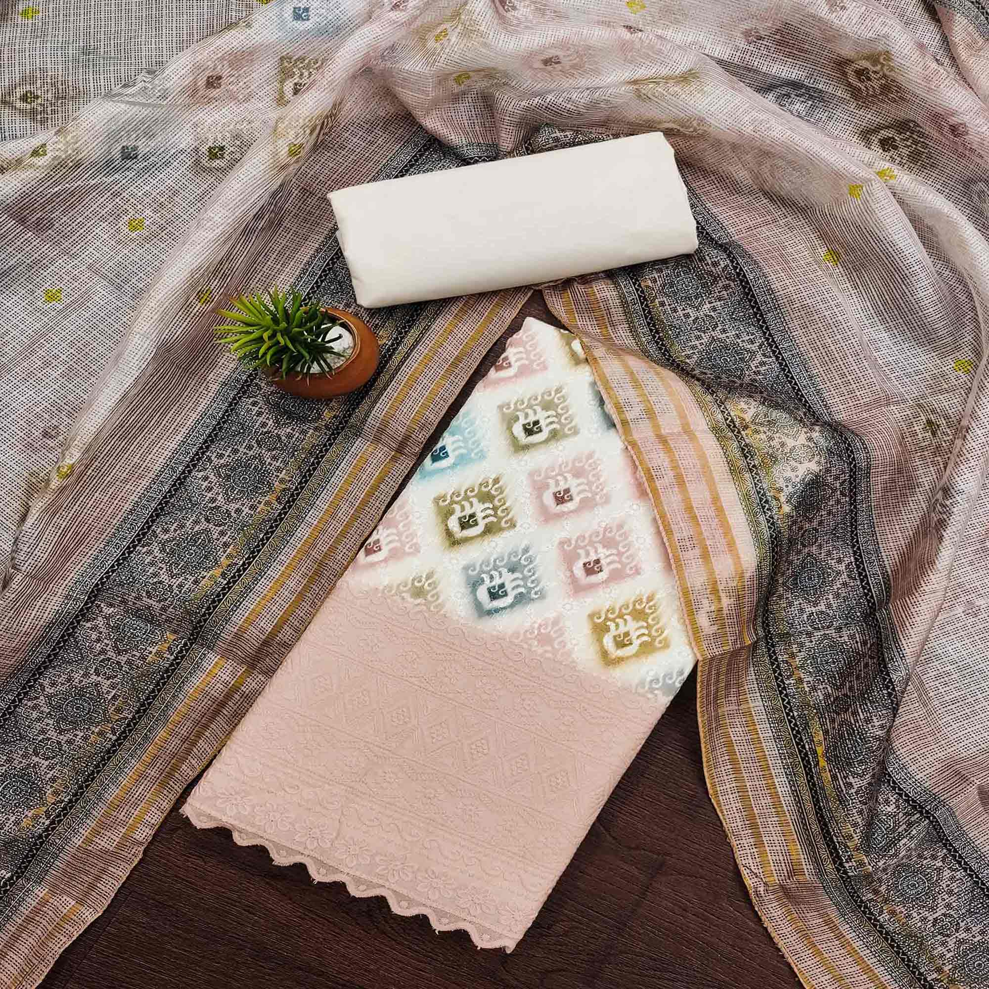 White & Pale Dusty Peach Dress Material In Cotton Blend With Delicate Digital Print & Sifli Embroidery Work