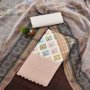 White & Pale Dusty Peach Dress Material In Cotton Blend With Delicate Digital Print & Sifli Embroidery Work