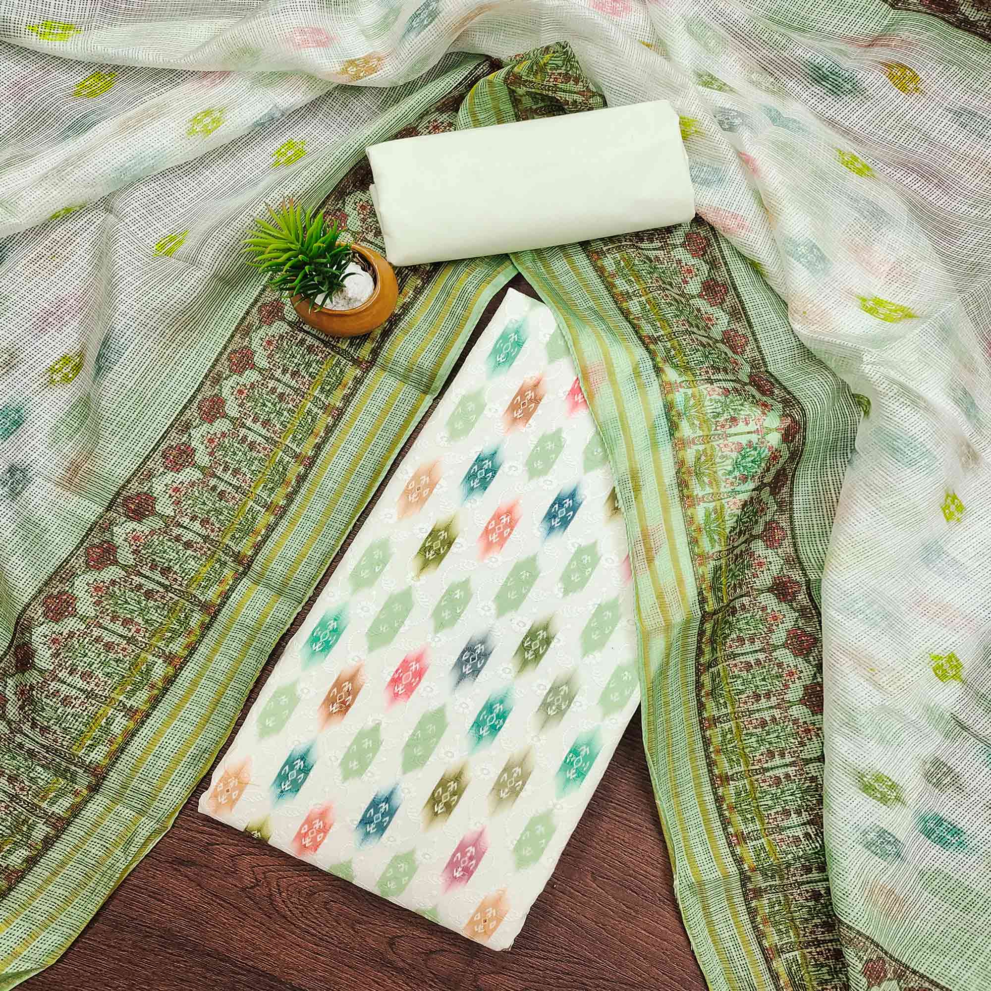 White & Green Schiffli Embroidered Cotton Blend Dress Material With Digital Print