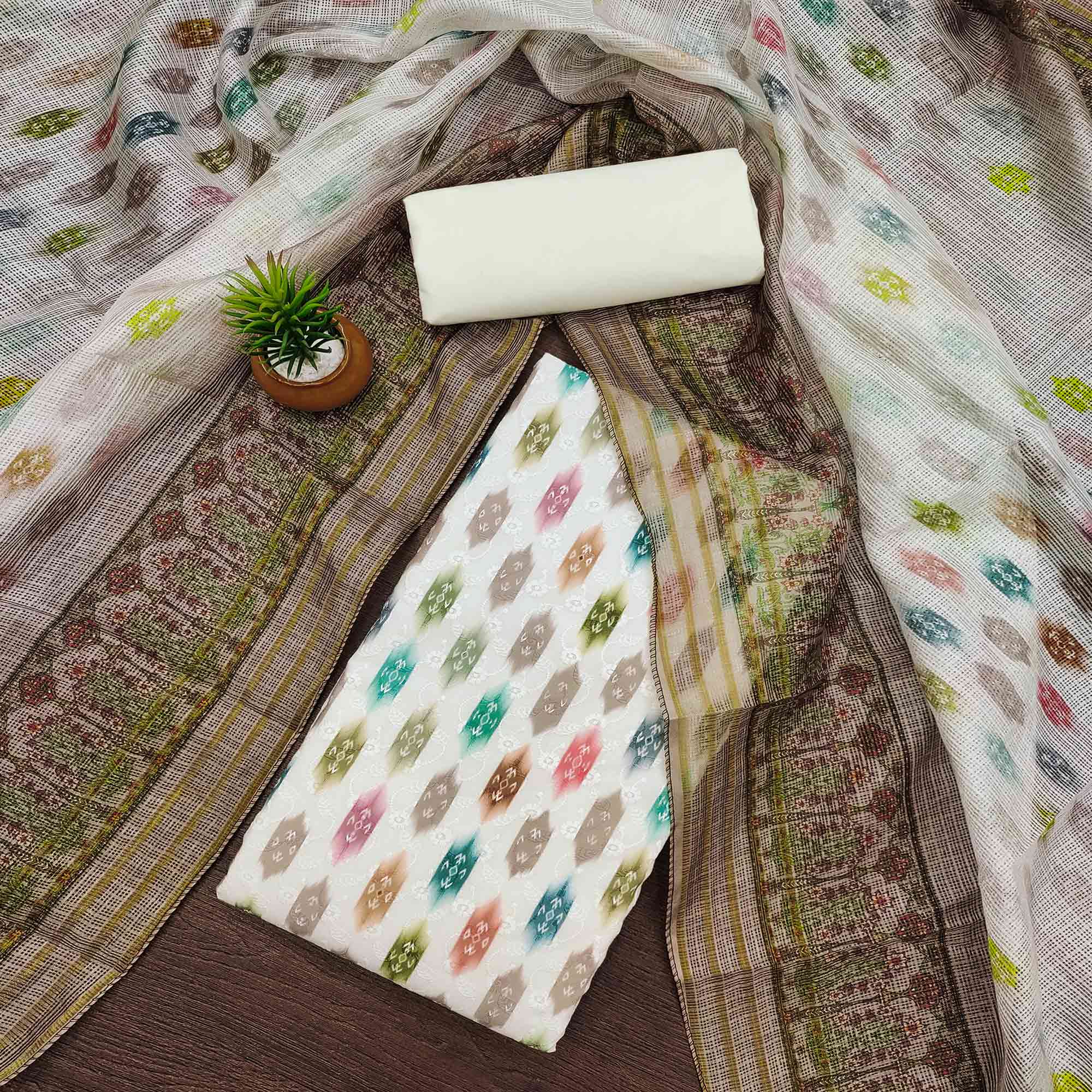 White & Taupe Schiffli Embroidered Cotton Blend Dress Material With Digital Print