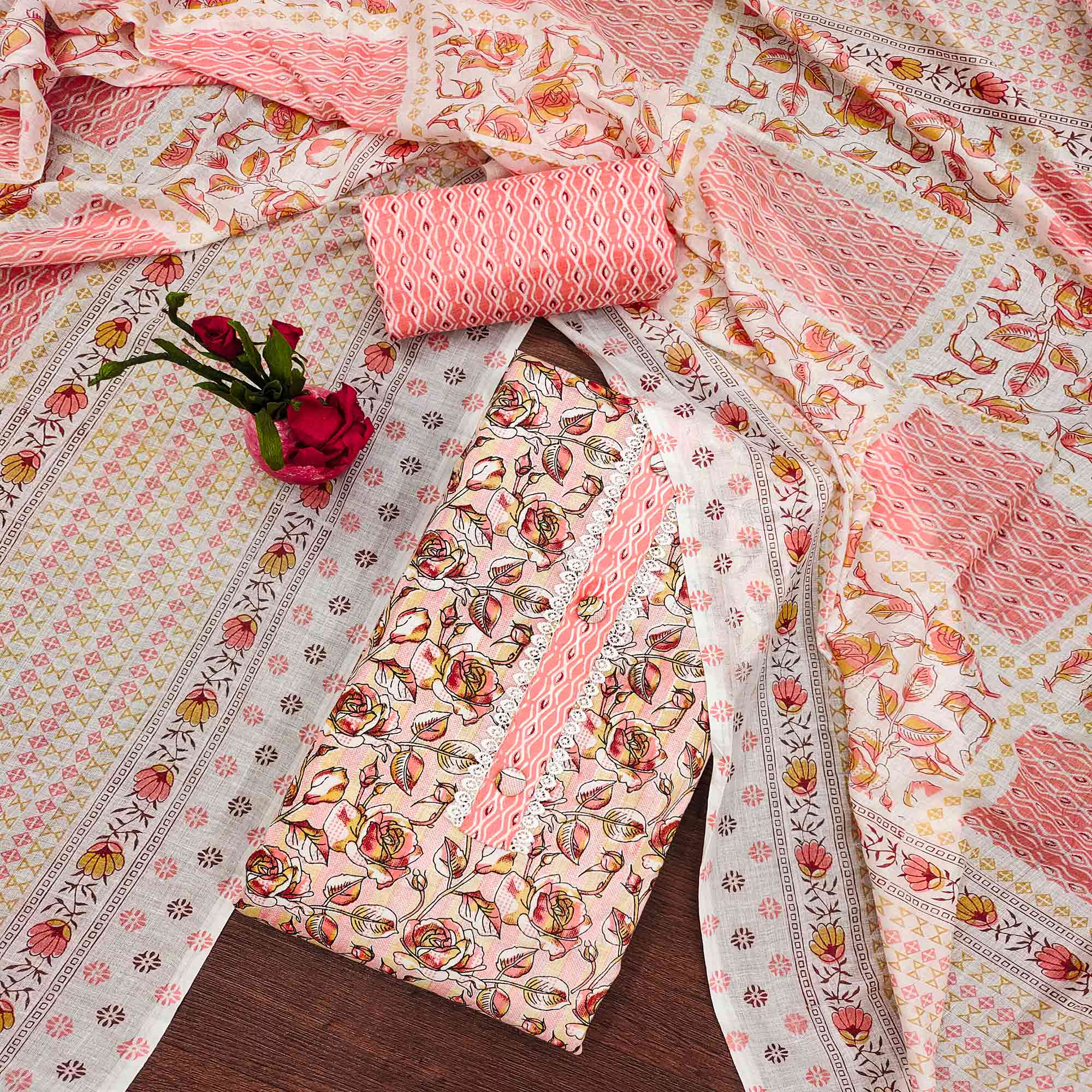 Peach Floral Printed Cotton Blend Dress Material