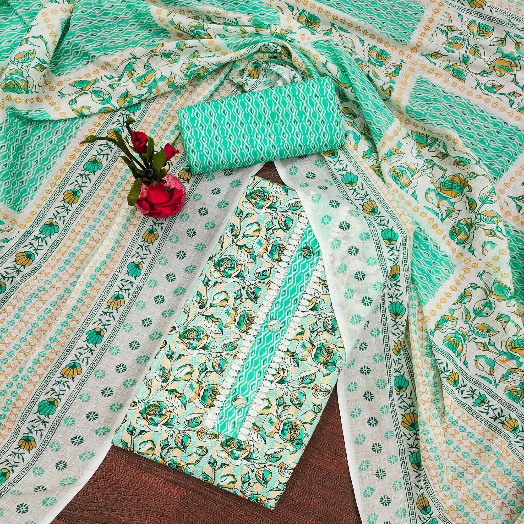 Sea Green Floral Printed Cotton Blend Dress Material