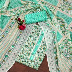 Sea Green Floral Printed Cotton Blend Dress Material