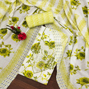 White & Green Floral Printed With Sequins Work Cotton Blend Dress Material