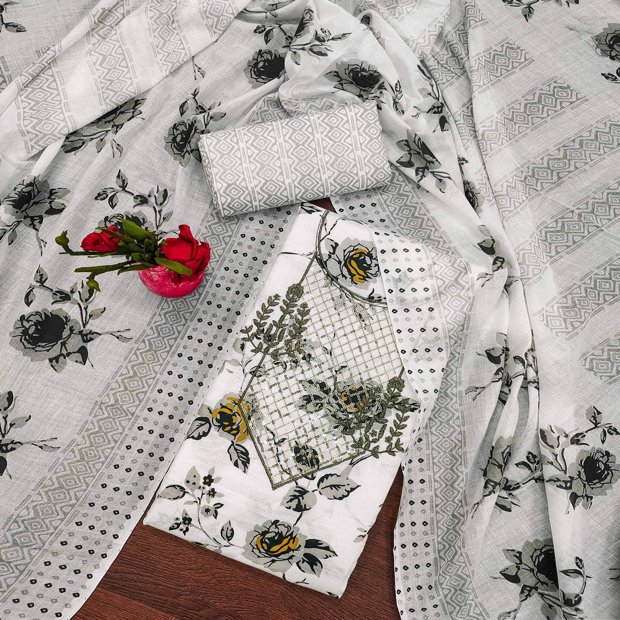 White & Grey Floral Printed With Sequins Work Cotton Blend Dress Material