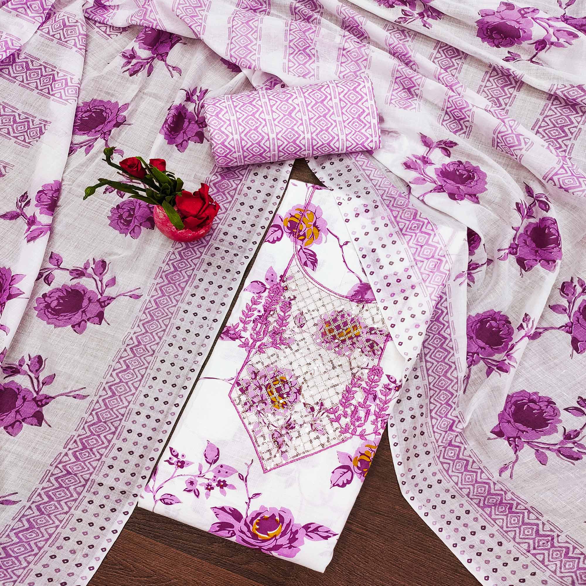 White & Purple Floral Printed With Sequins Work Cotton Blend Dress Material