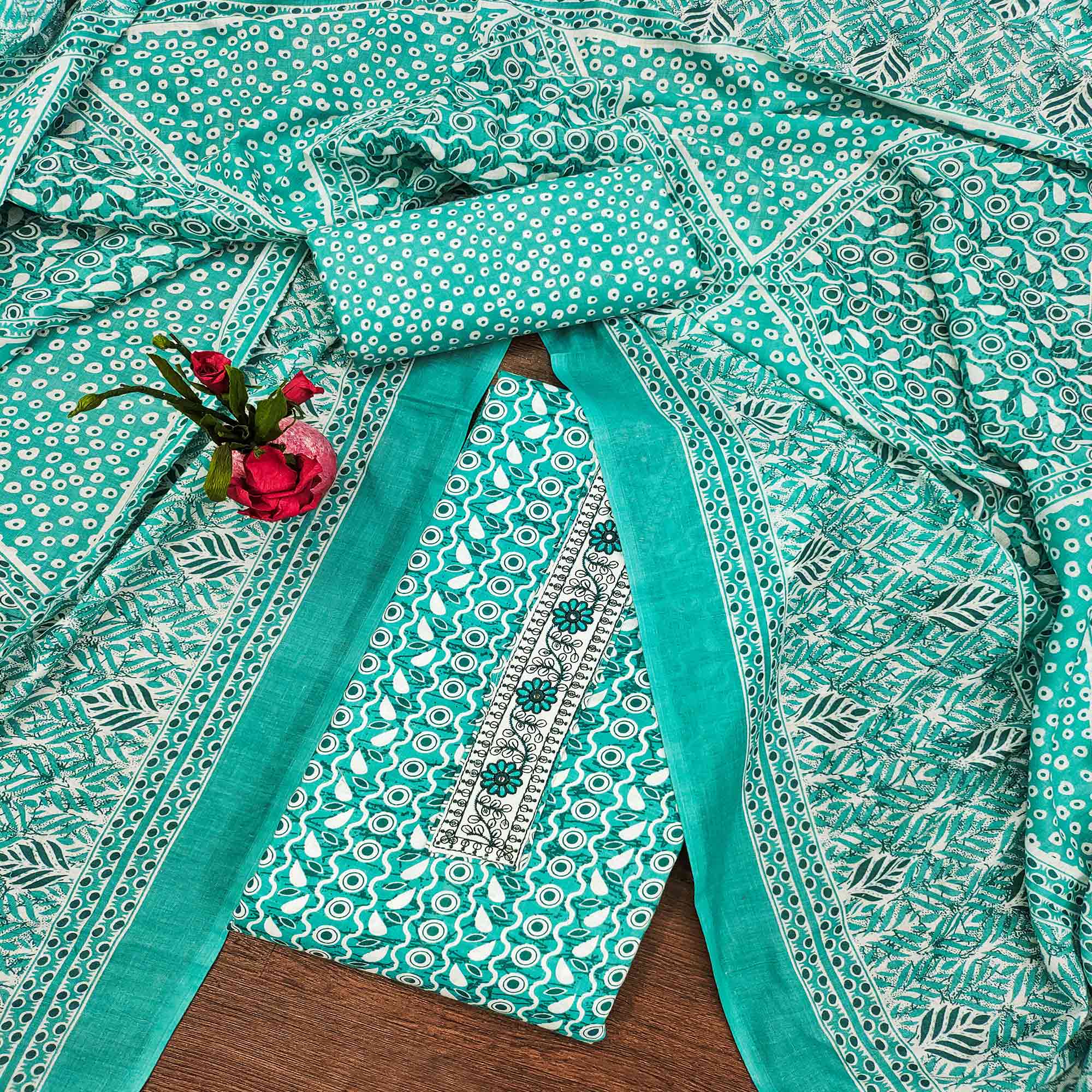 Turquoise Printed With Embroidered Cotton Blend Dress Material