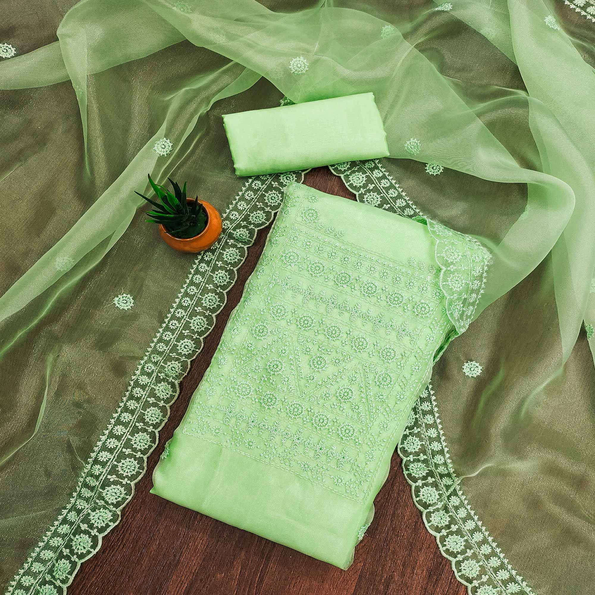 Pista Green Organza Dress Material With Sequins & Floral Thread Embroidery