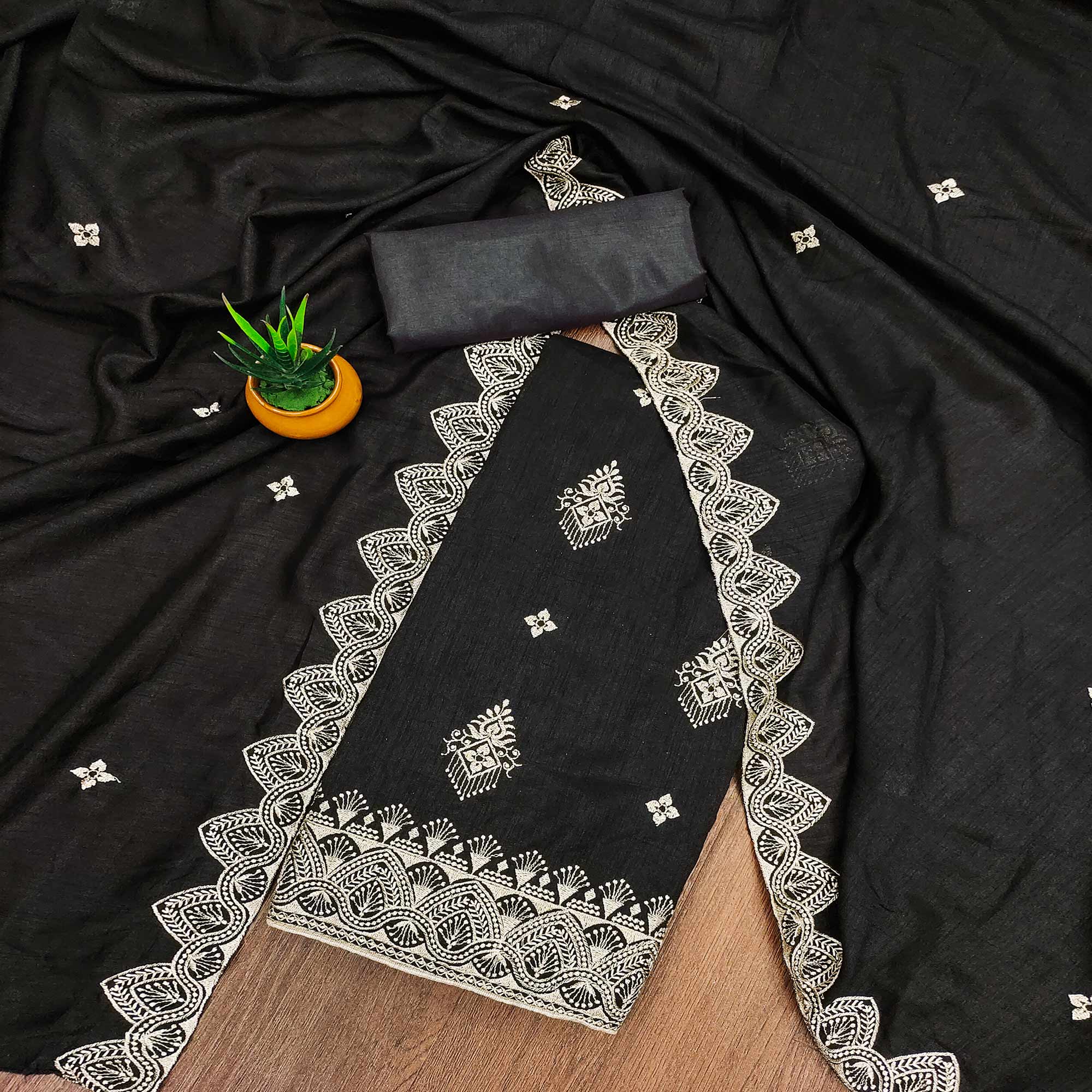 Black Vichitra Silk Dress Material With Intricate Floral Zari Embroidery