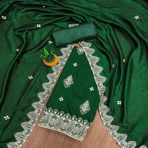 Green Vichitra Silk Dress Material With Intricate Floral Zari Embroidery