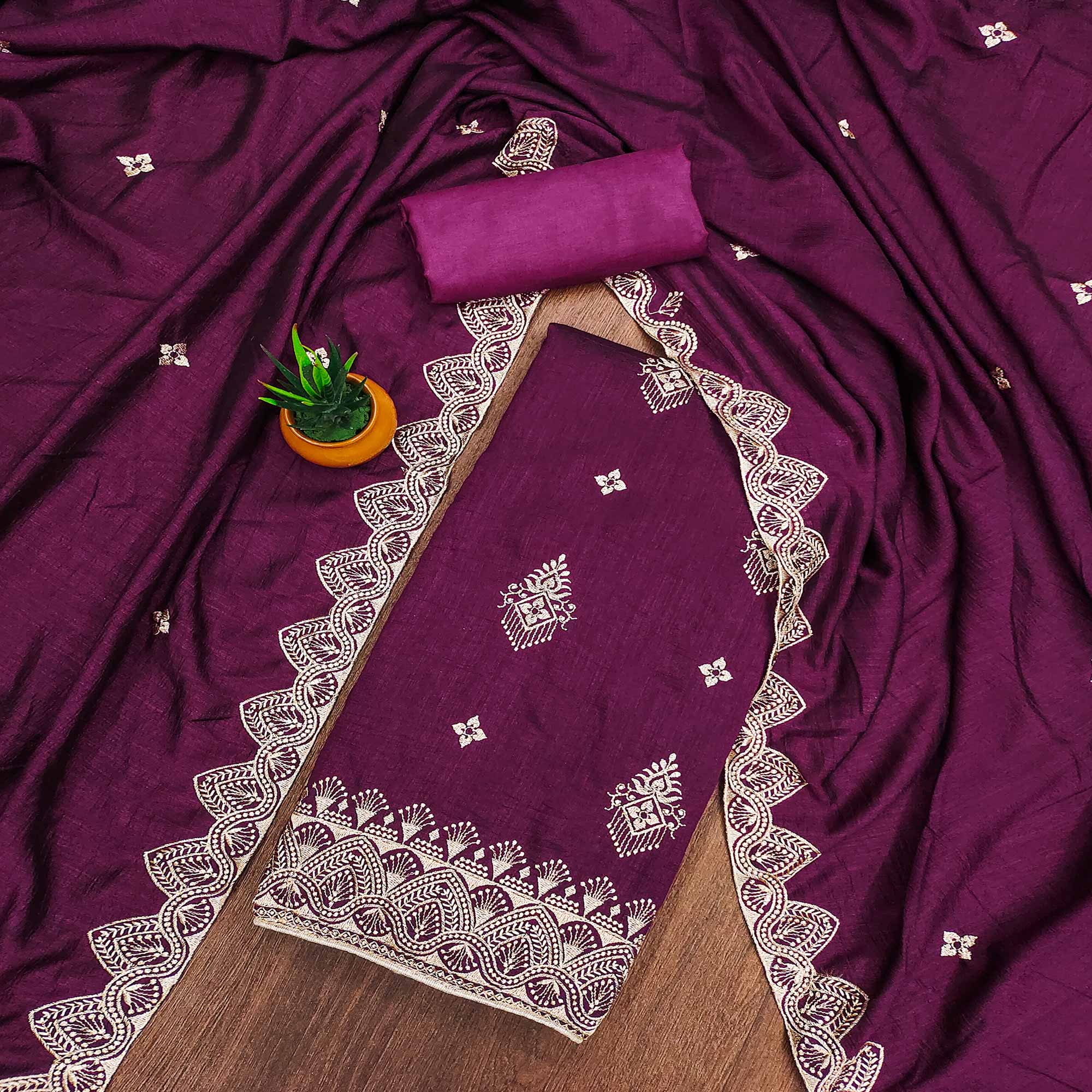 Wine Vichitra Silk Dress Material With Intricate Floral Zari Embroidery