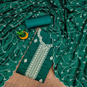 Green Vichitra Silk Dress Material with Graceful Floral Zari Embroidery