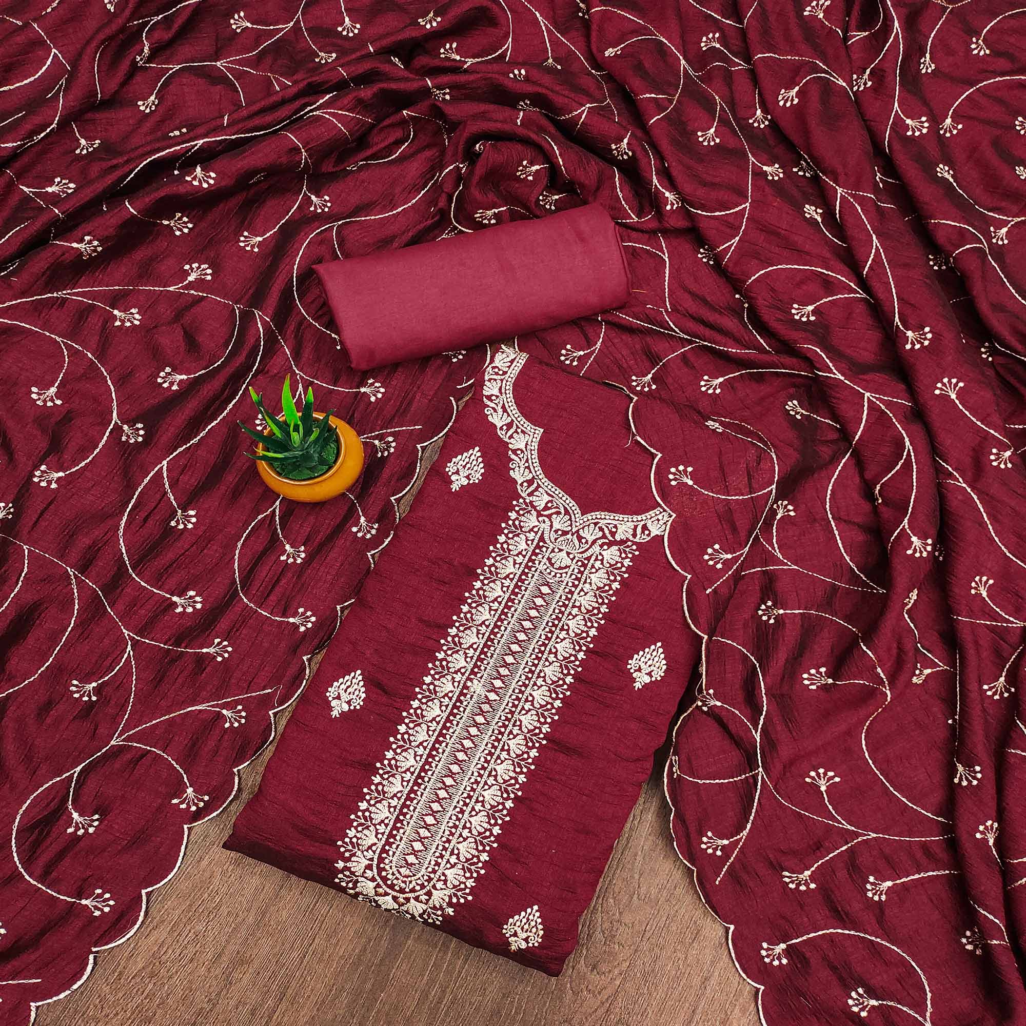 Maroon Vichitra Silk Dress Material with Graceful Floral Zari Embroidery