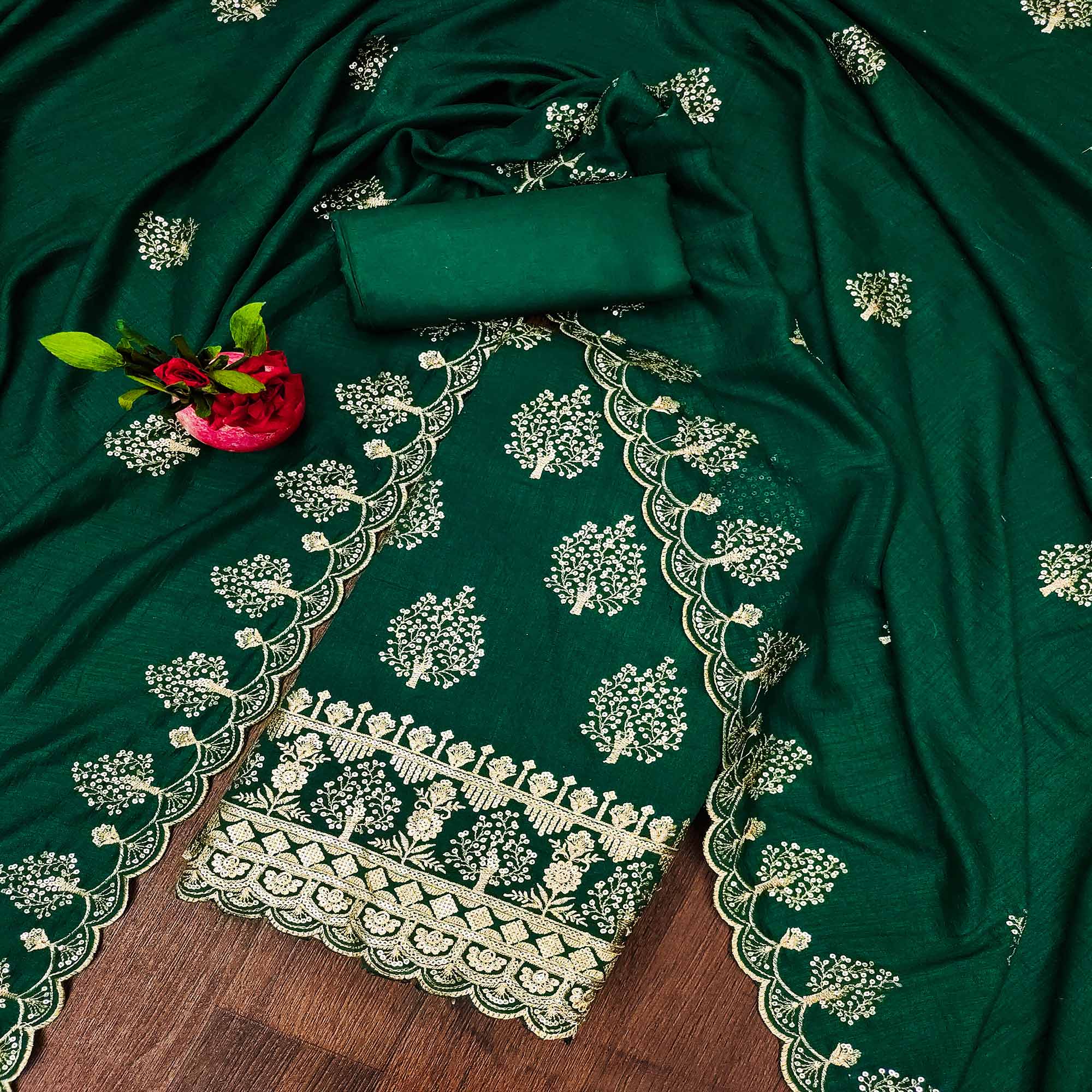 Green Sequins Embroidered Vichitra Silk Dress Material