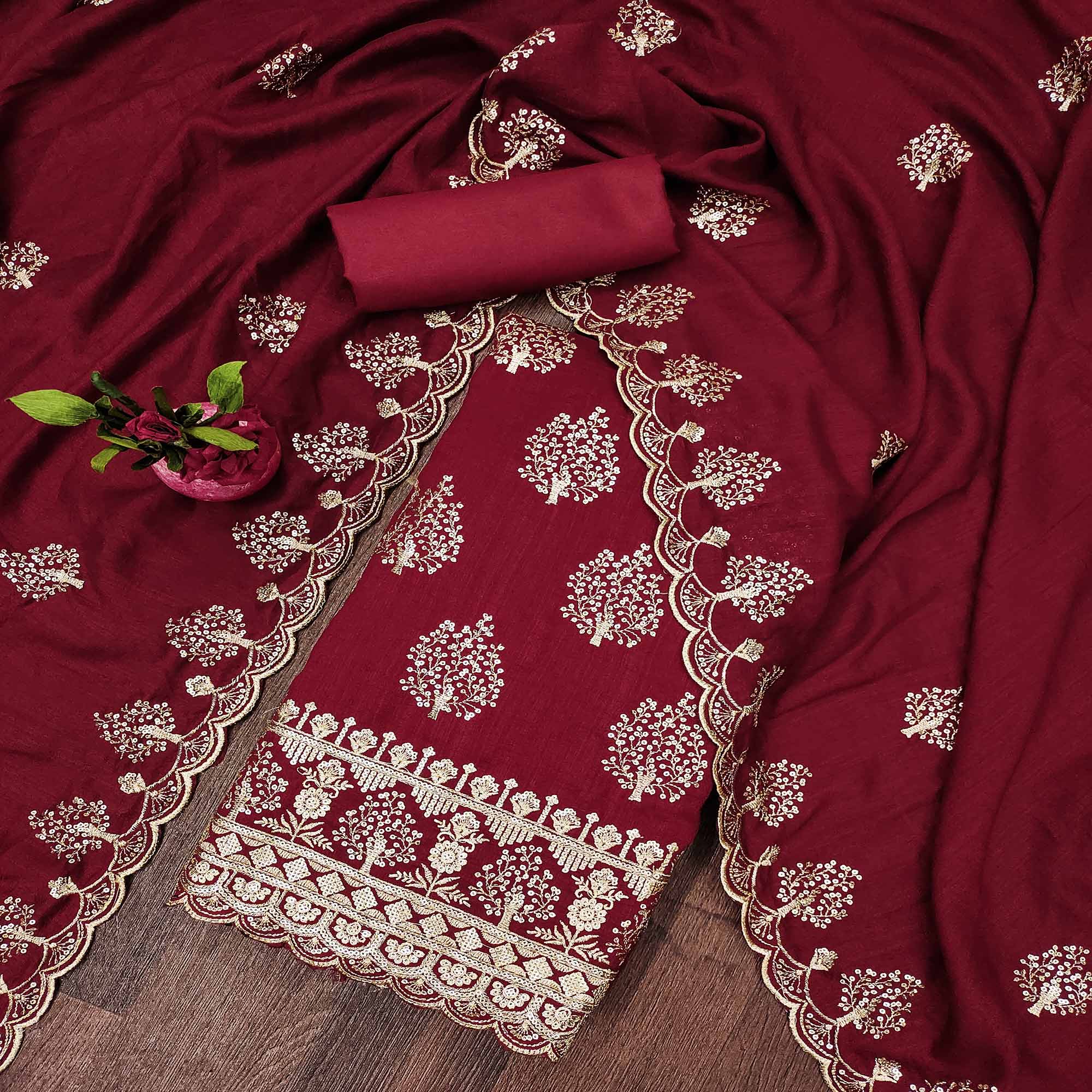 Maroon Sequins Embroidered Vichitra Silk Dress Material