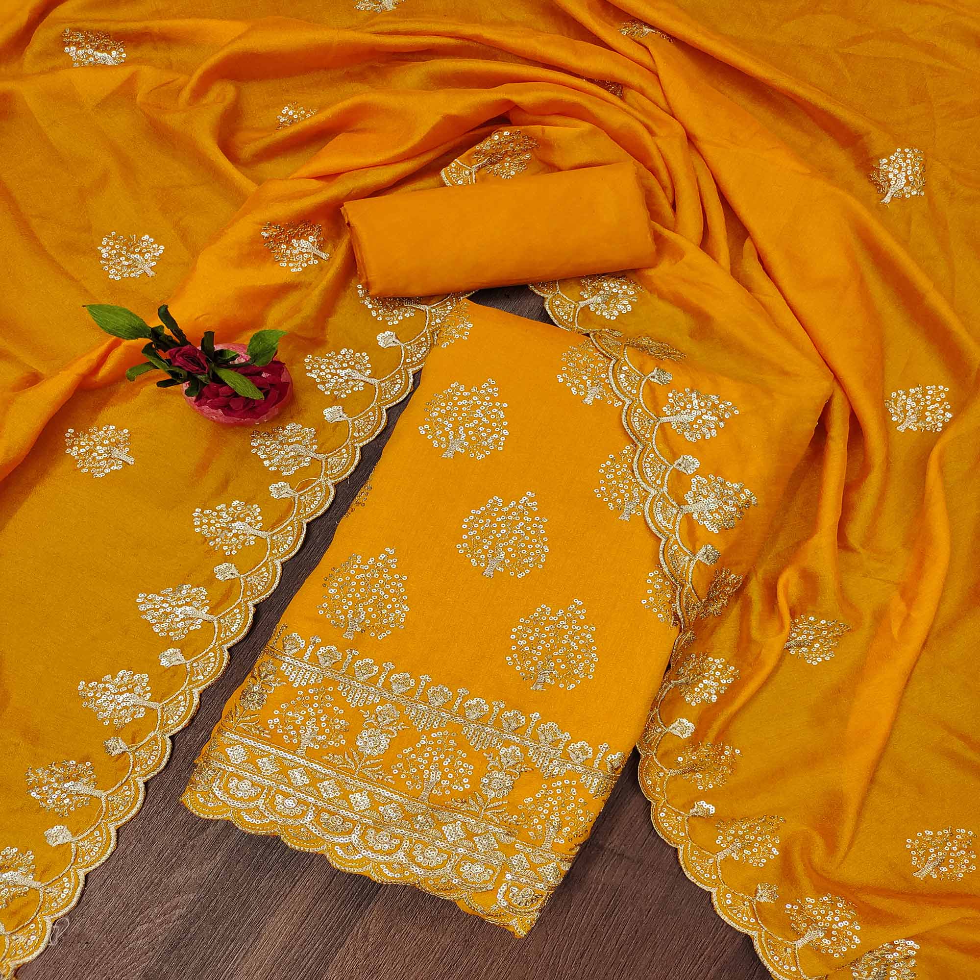 Mustard Sequins Embroidered Vichitra Silk Dress Material