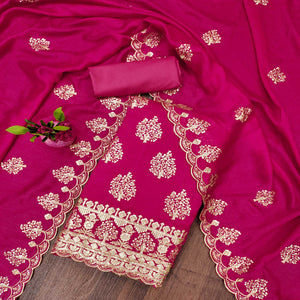 Rani Pink Sequins Embroidered Vichitra Silk Dress Material