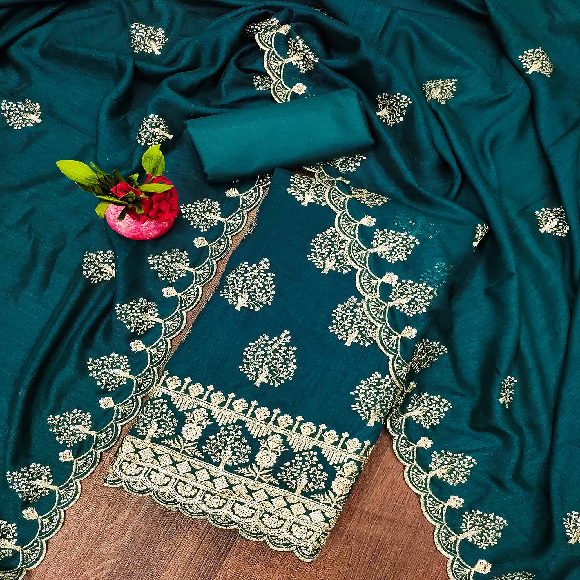 Teal Sequins Embroidered Vichitra Silk Dress Material