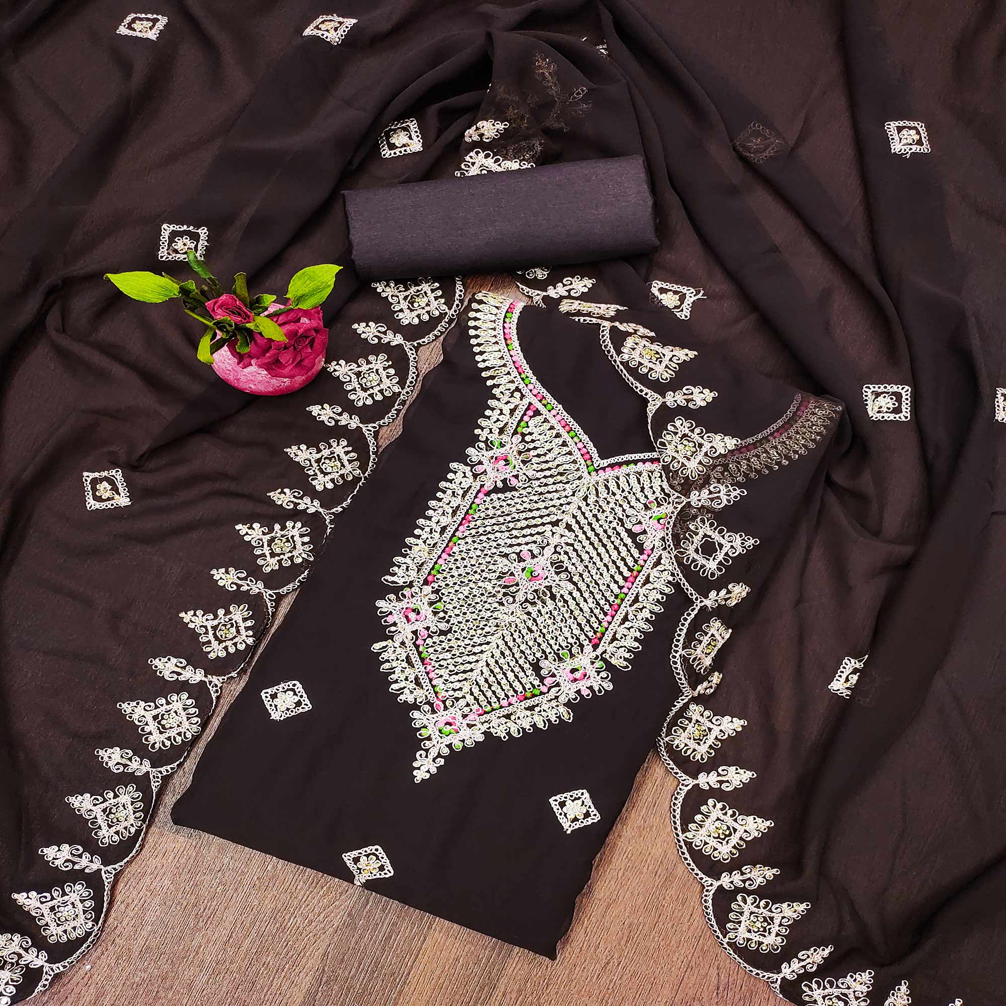 Brown Sequins Embroidered Georgette Dress Material