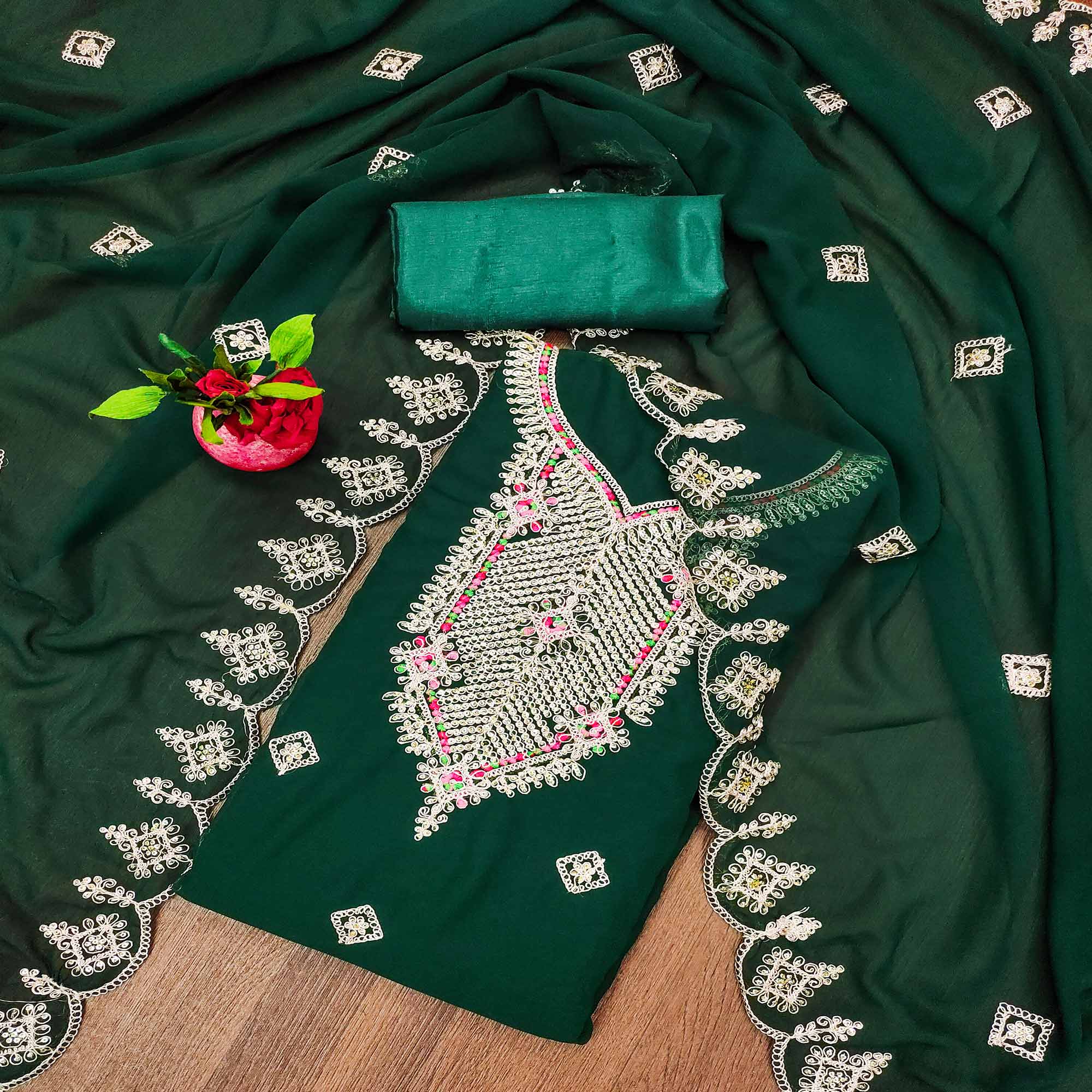 Green Sequins Embroidered Georgette Dress Material