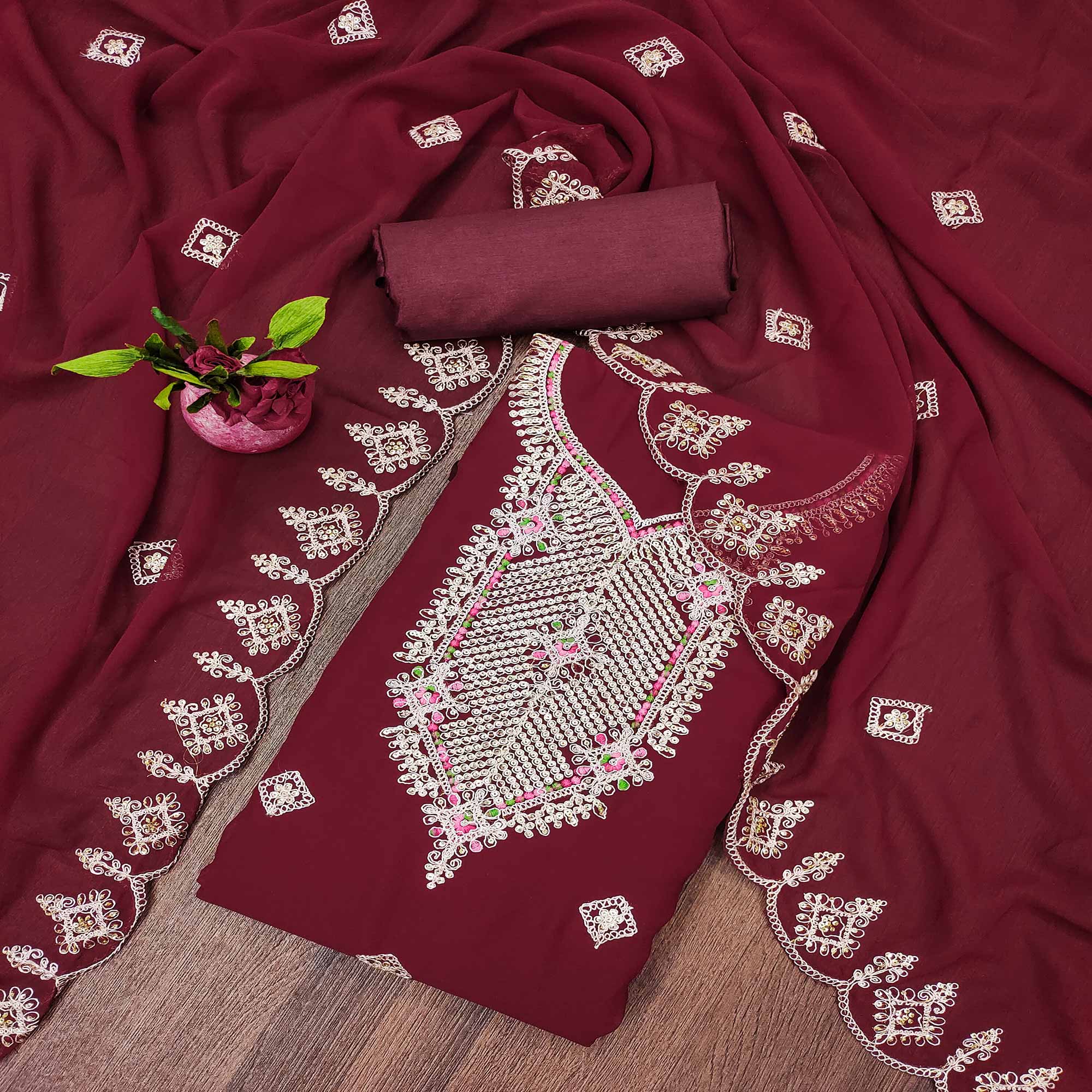 Maroon Sequins Embroidered Georgette Dress Material