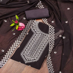 Brown Embroidered Georgette Dress Material