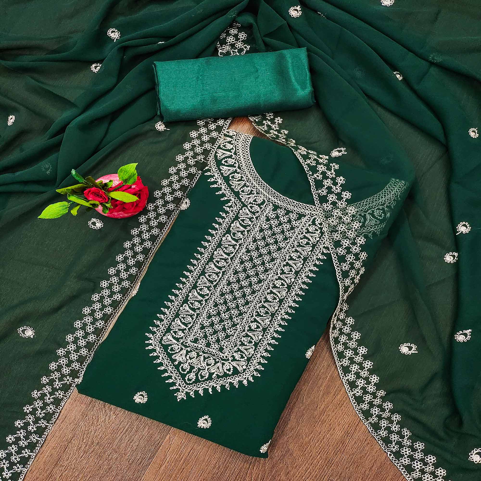 Green Embroidered Georgette Dress Material